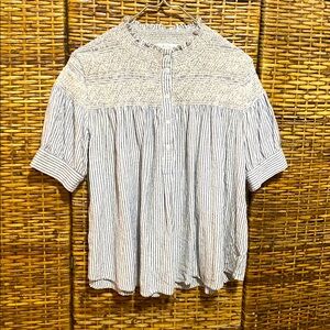 EUC AZOE White light blue striped half button up blouse top M